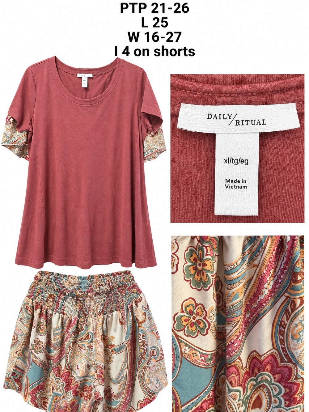 Daily Ritual Brick Red Tee with Multicolor Paisley Skirt Set